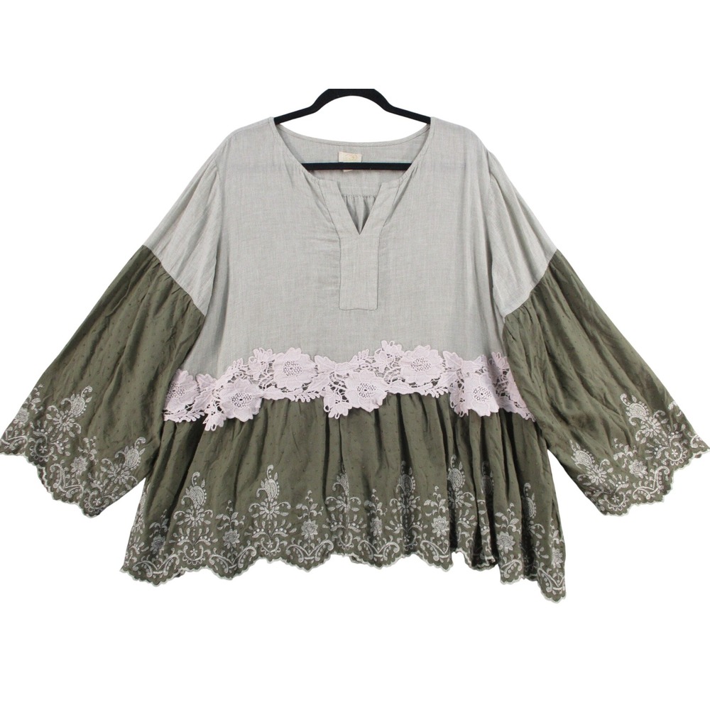 LOGO Lavish Lori Goldstein Embroidered Lace Trim Tunic Top Gray Olive XL